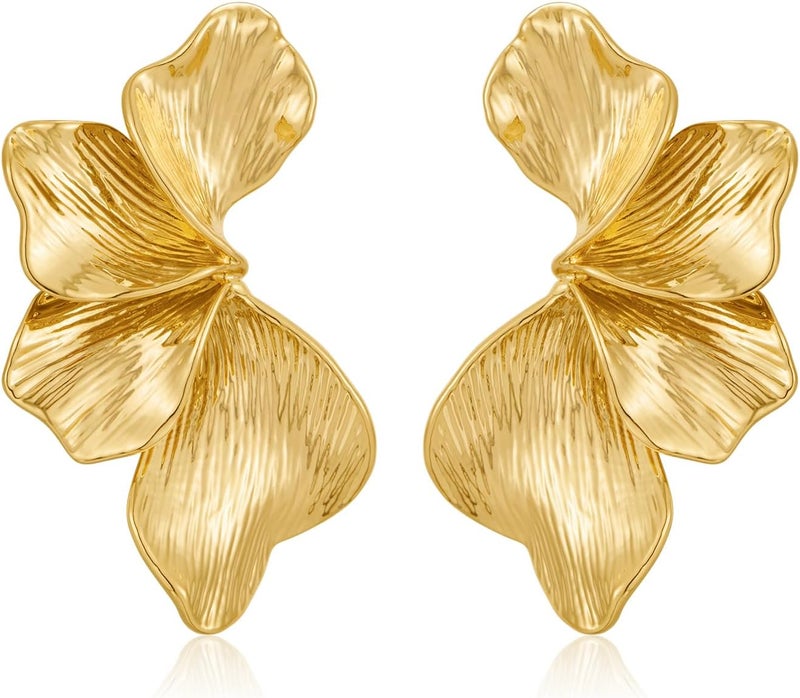 FAUTHENTICUTE Chunky Gold Statement Earrings For Women Gold Plated Sectored Flower Leaf Shell Angel Wing Earrings Large Stud Earrings Hypoallergenic Earrings - Image 1